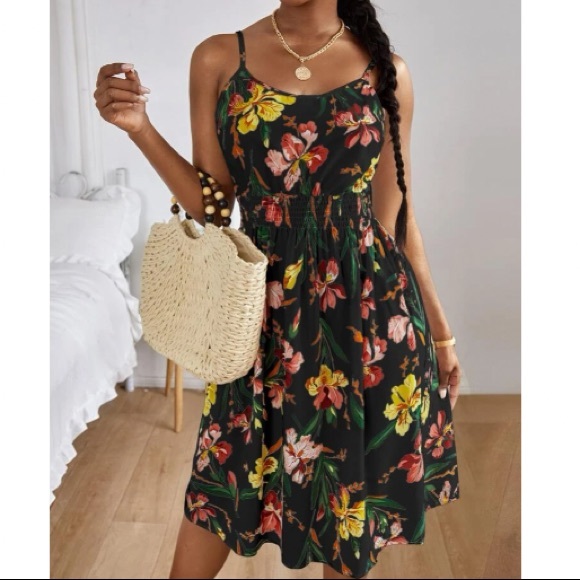 Boho floral print shirred cami dress - Picture 1 of 5